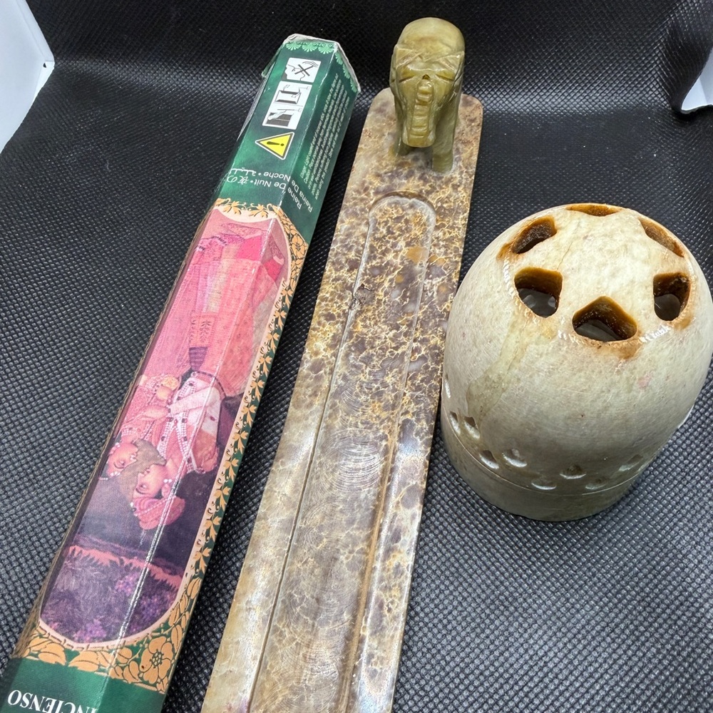 Vintage Hand Carved Soapstone Elephant Incense Burner Set Stick & Cone Holder